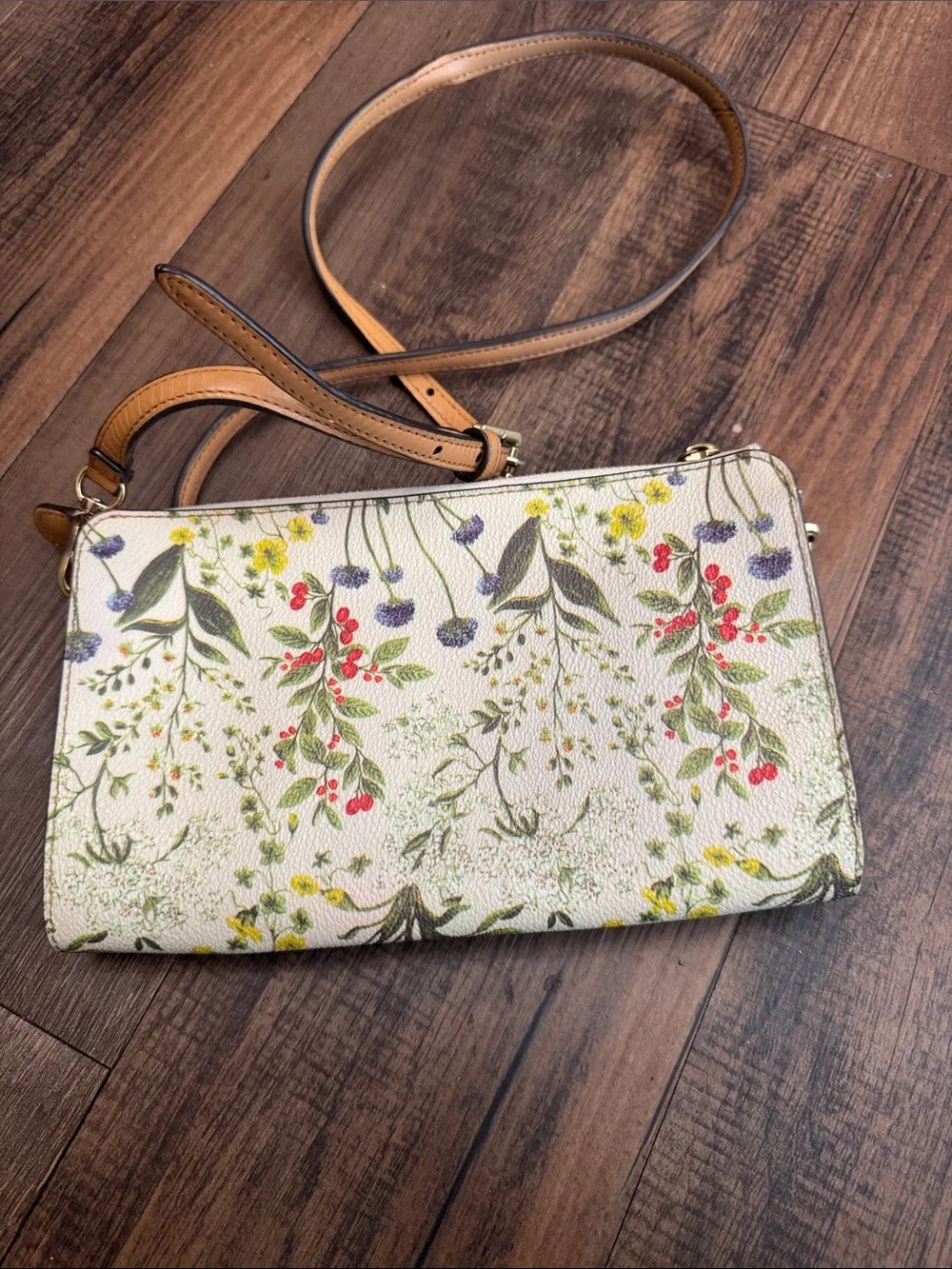 Tory Burch Floral Convertible Crossbody - Cream with Tan Strap